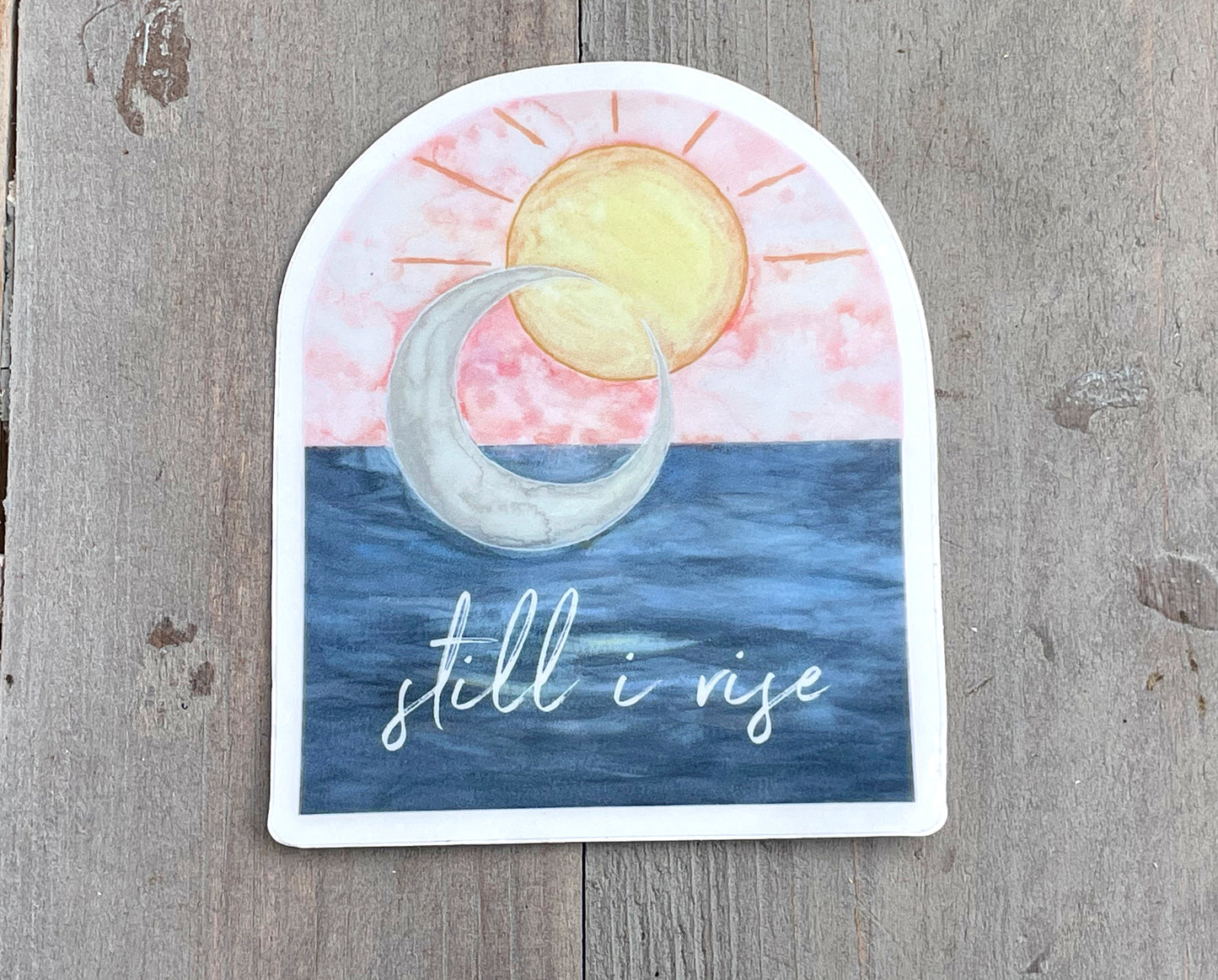 Watercolor Still I Rise sun and moon over the ocean Vinyl waterproof sticker decal