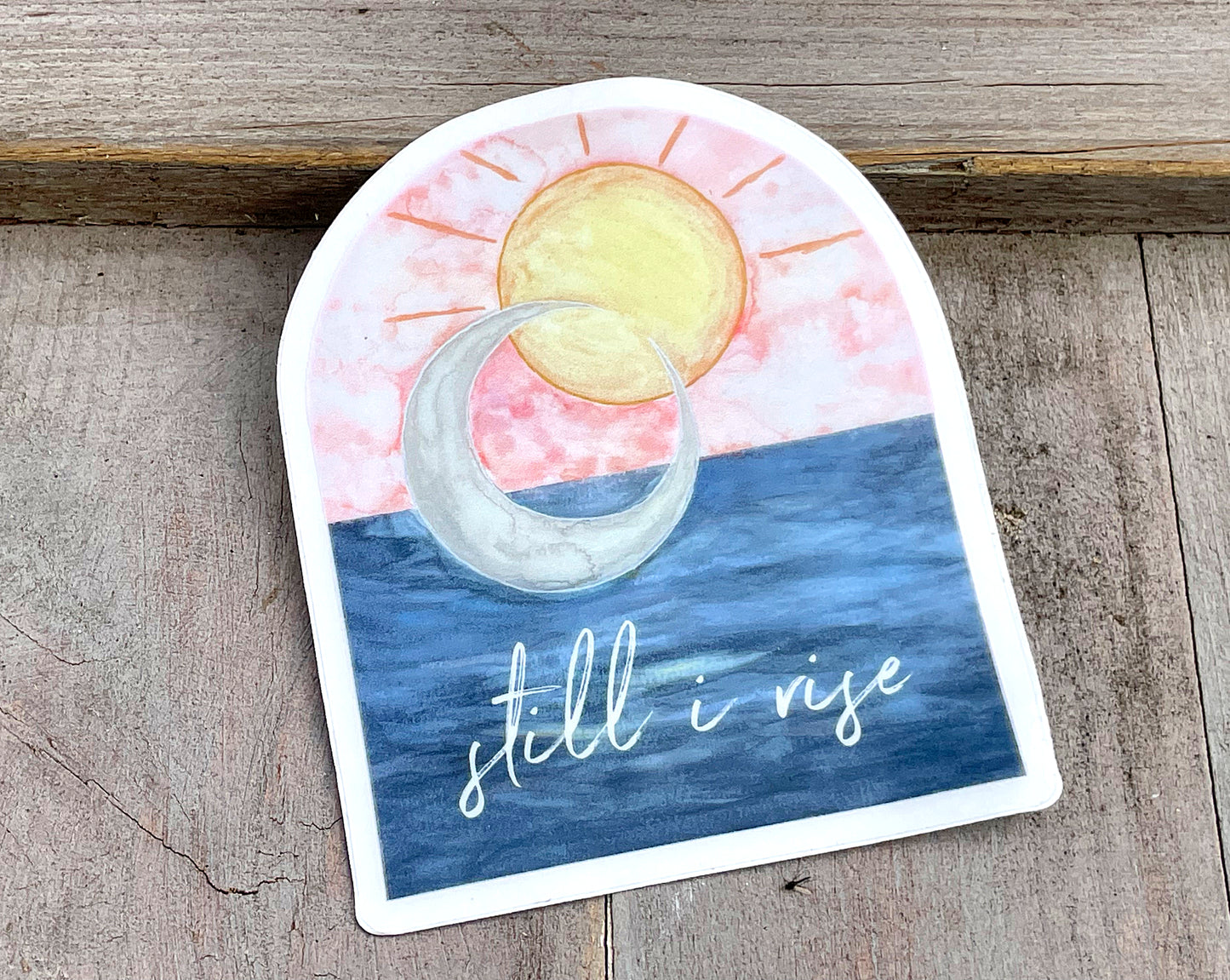 Watercolor Still I Rise sun and moon over the ocean Vinyl waterproof sticker decal