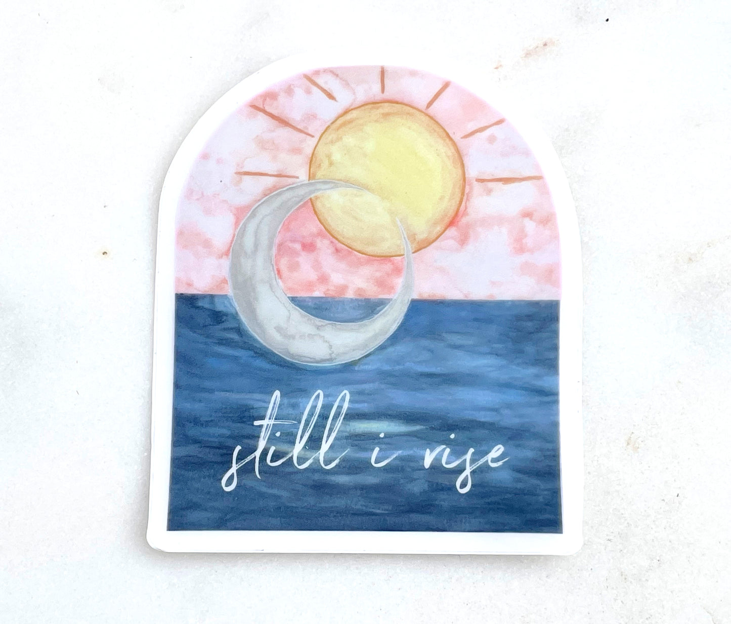 Watercolor Still I Rise sun and moon over the ocean Vinyl waterproof sticker decal