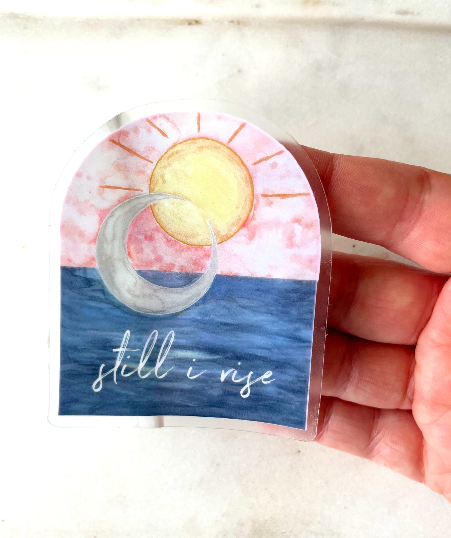 Watercolor Still I Rise sun and moon over the ocean Vinyl waterproof sticker decal