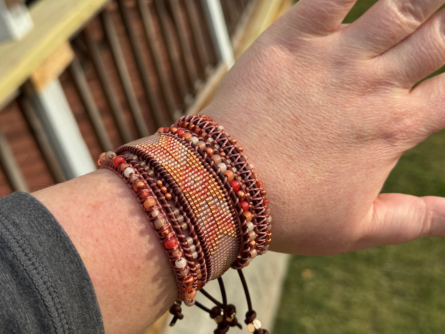 Small Blush,Beige and Copper starburst Bead Loom Woven Bracelet