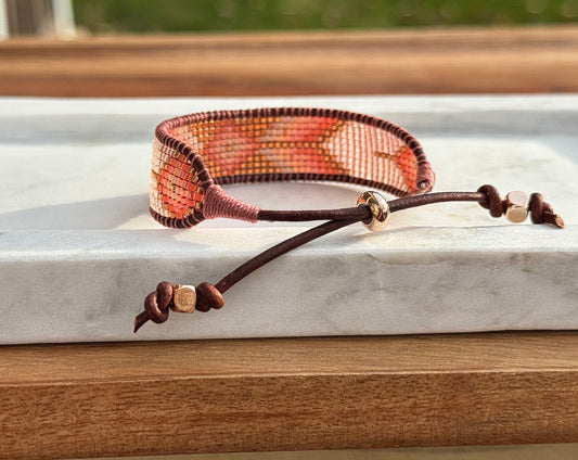 Small Blush,Beige and Copper starburst Bead Loom Woven Bracelet