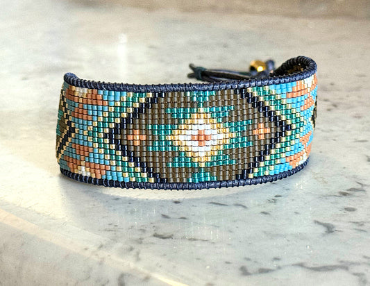 Teal, Brown, Mustard, and Gold Tribal Loom Cuff Bracelet