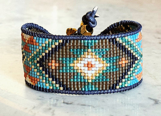Teal, Brown, Mustard, and Gold Tribal Loom Cuff Bracelet