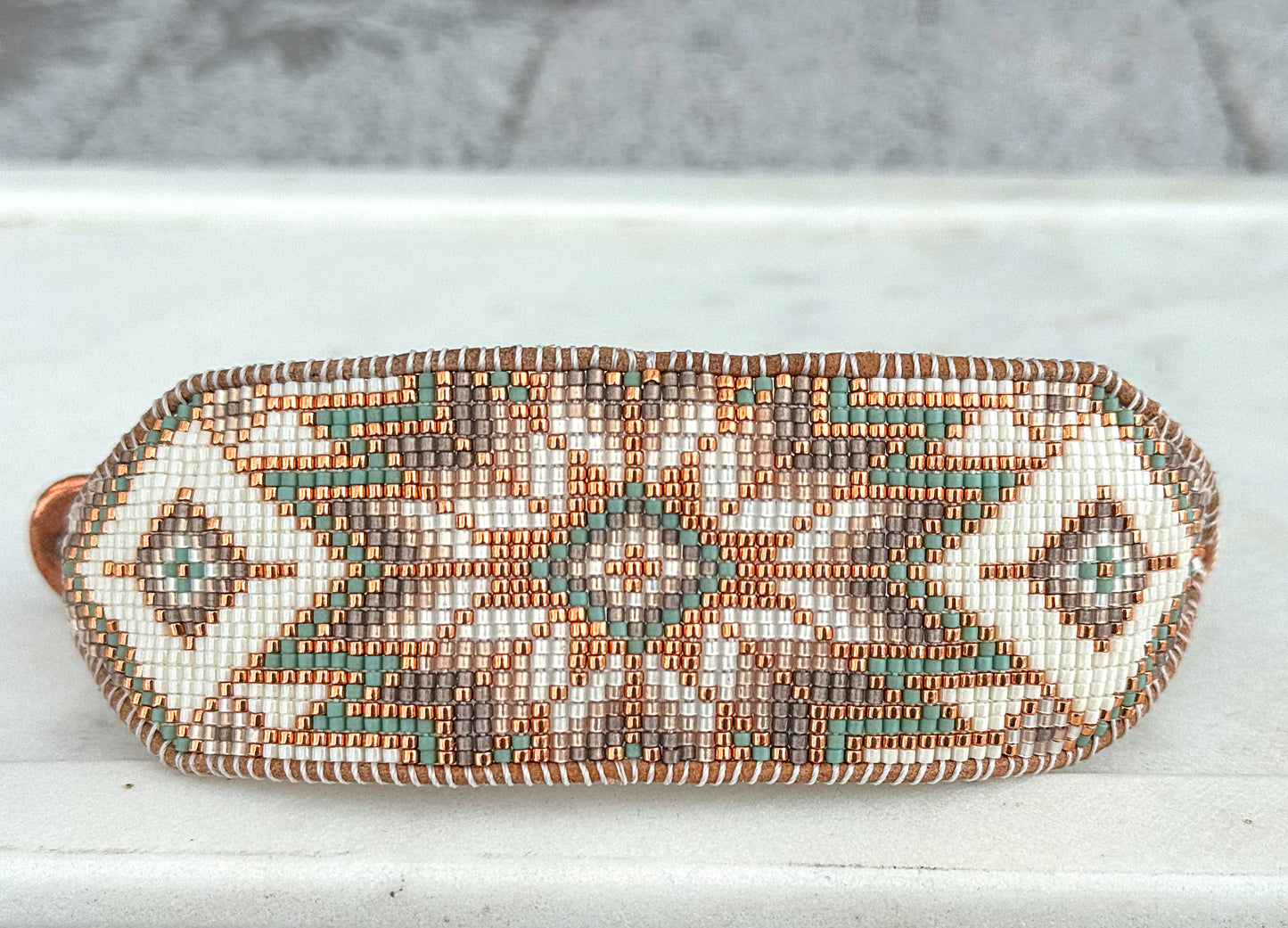Sage, Copper, and Natural Beige Starburst Bead Loom Woven Leather trimmed Bracelet