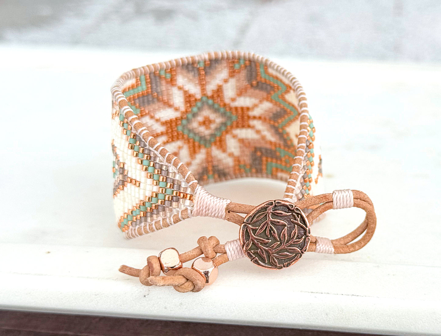 Sage, Copper, and Natural Beige Starburst Bead Loom Woven Leather trimmed Bracelet