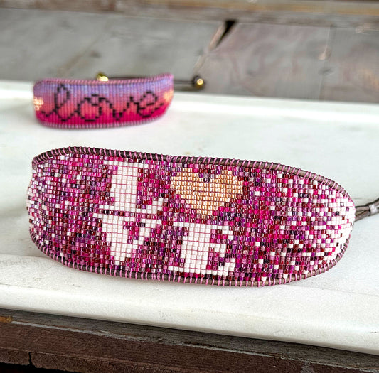 LOVE Valentines Day Pink and Plum Bead Loom Woven Leather trimmed Bracelet