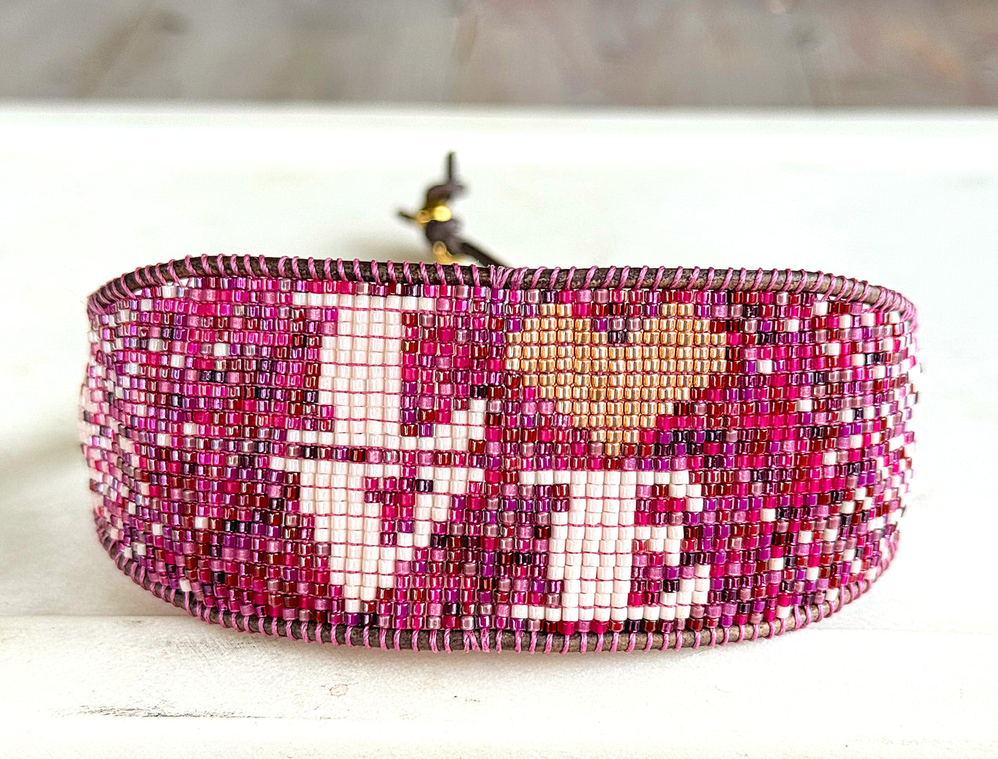 LOVE Valentines Day Pink and Plum Bead Loom Woven Leather trimmed Bracelet