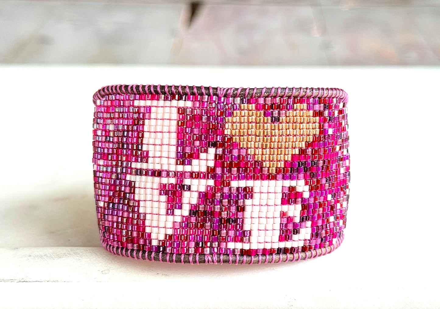 LOVE Valentines Day Pink and Plum Bead Loom Woven Leather trimmed Bracelet