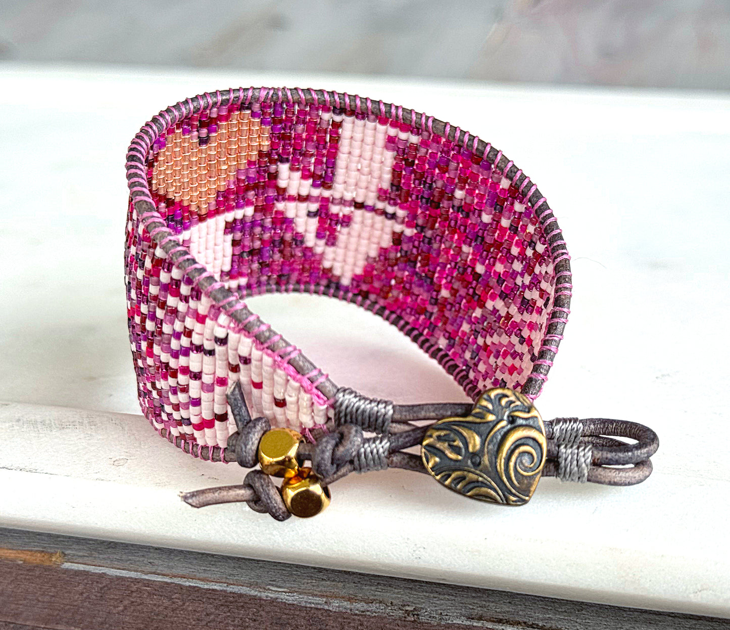 LOVE Valentines Day Pink and Plum Bead Loom Woven Leather trimmed Bracelet