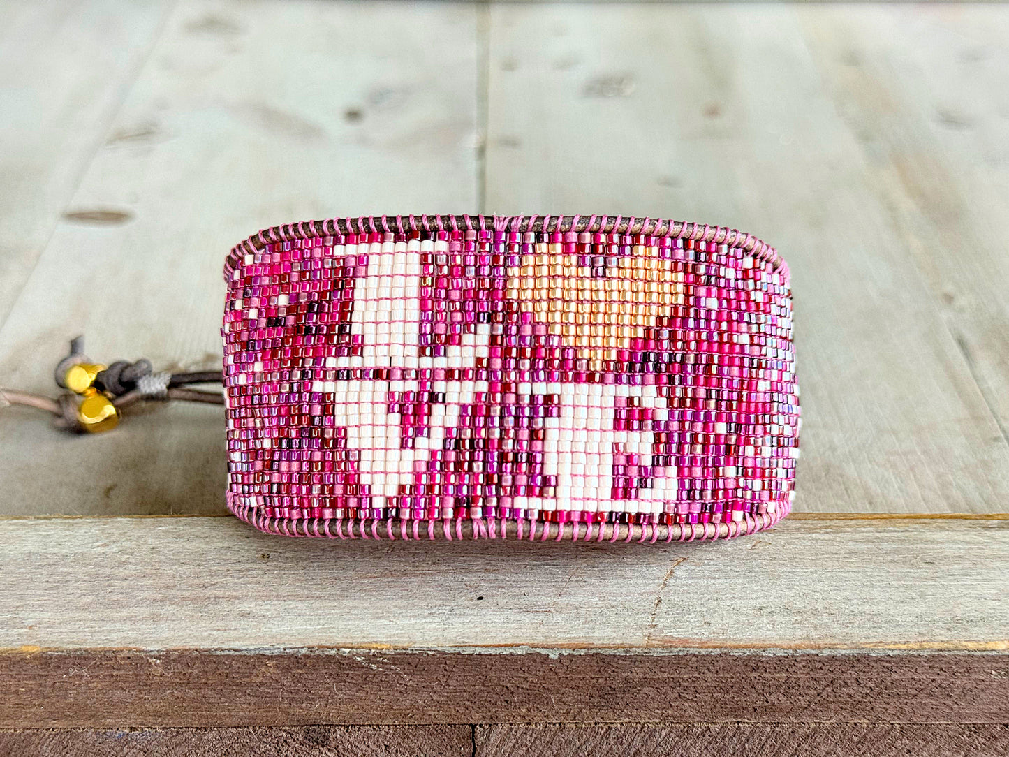 LOVE Valentines Day Pink and Plum Bead Loom Woven Leather trimmed Bracelet
