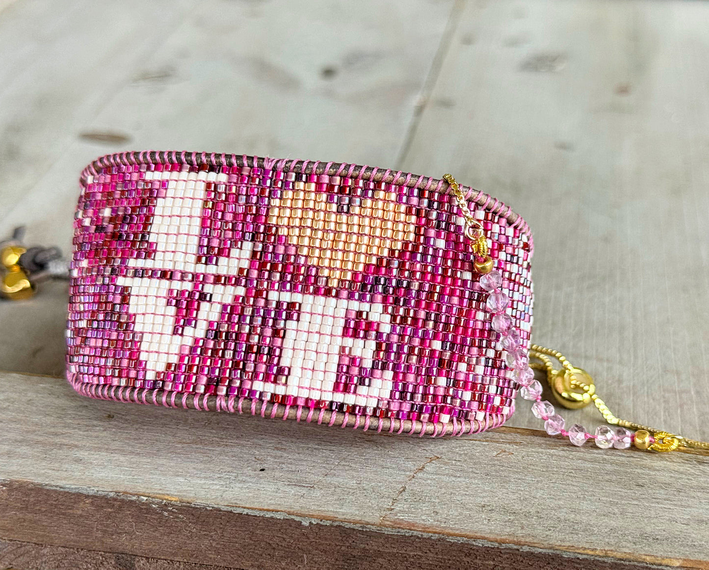 LOVE Valentines Day Pink and Plum Bead Loom Woven Leather trimmed Bracelet