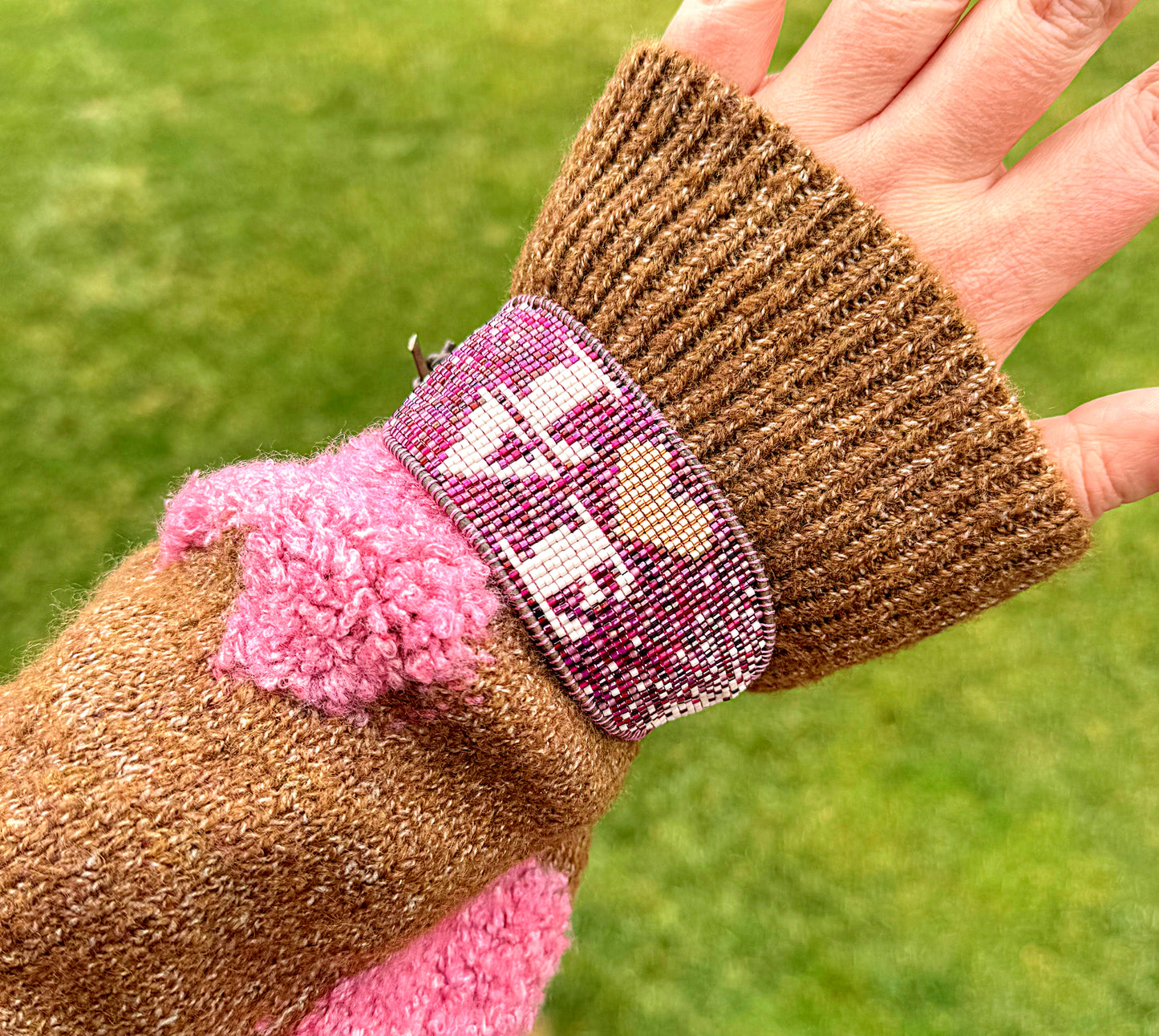LOVE Valentines Day Pink and Plum Bead Loom Woven Leather trimmed Bracelet