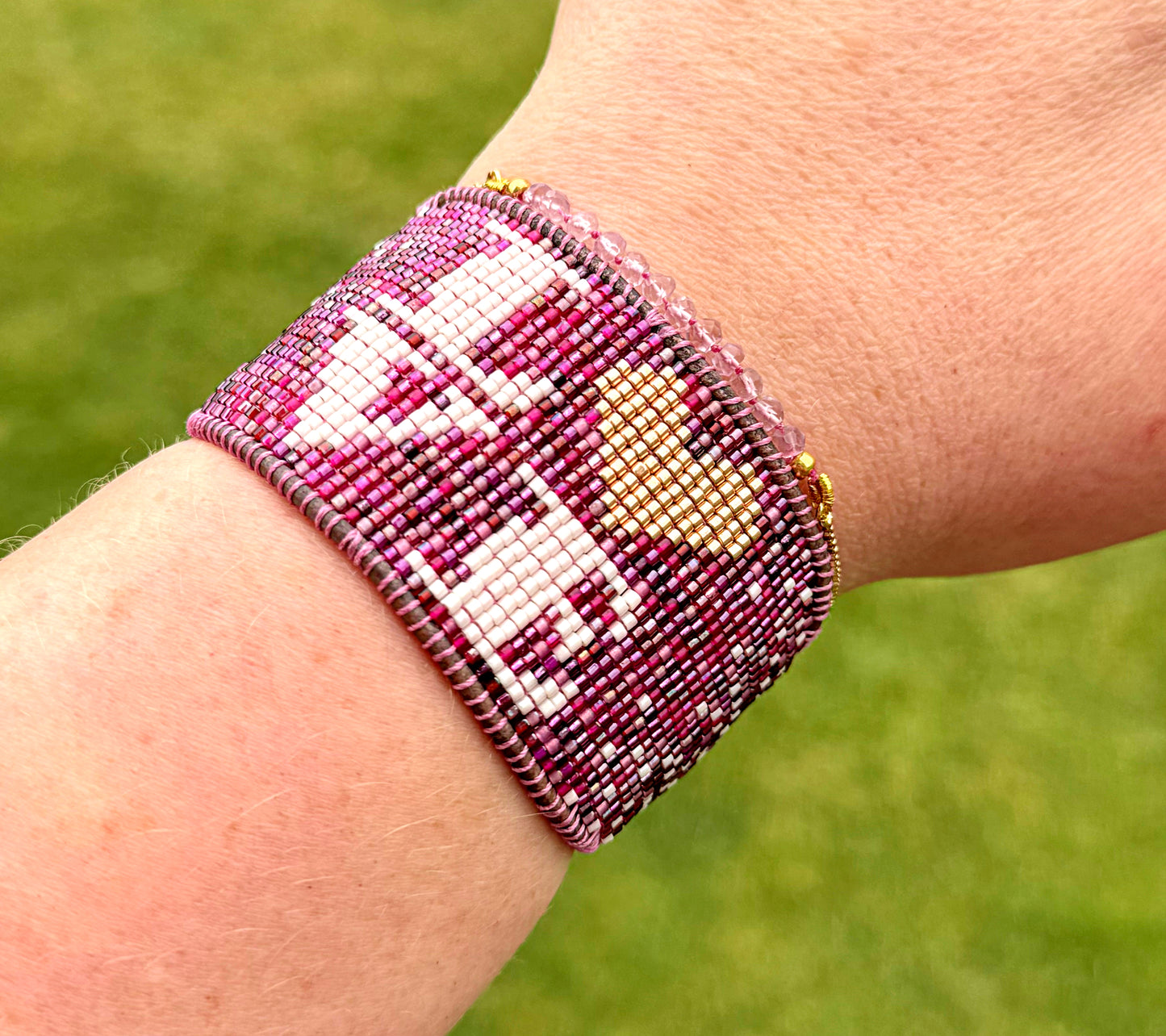 LOVE Valentines Day Pink and Plum Bead Loom Woven Leather trimmed Bracelet