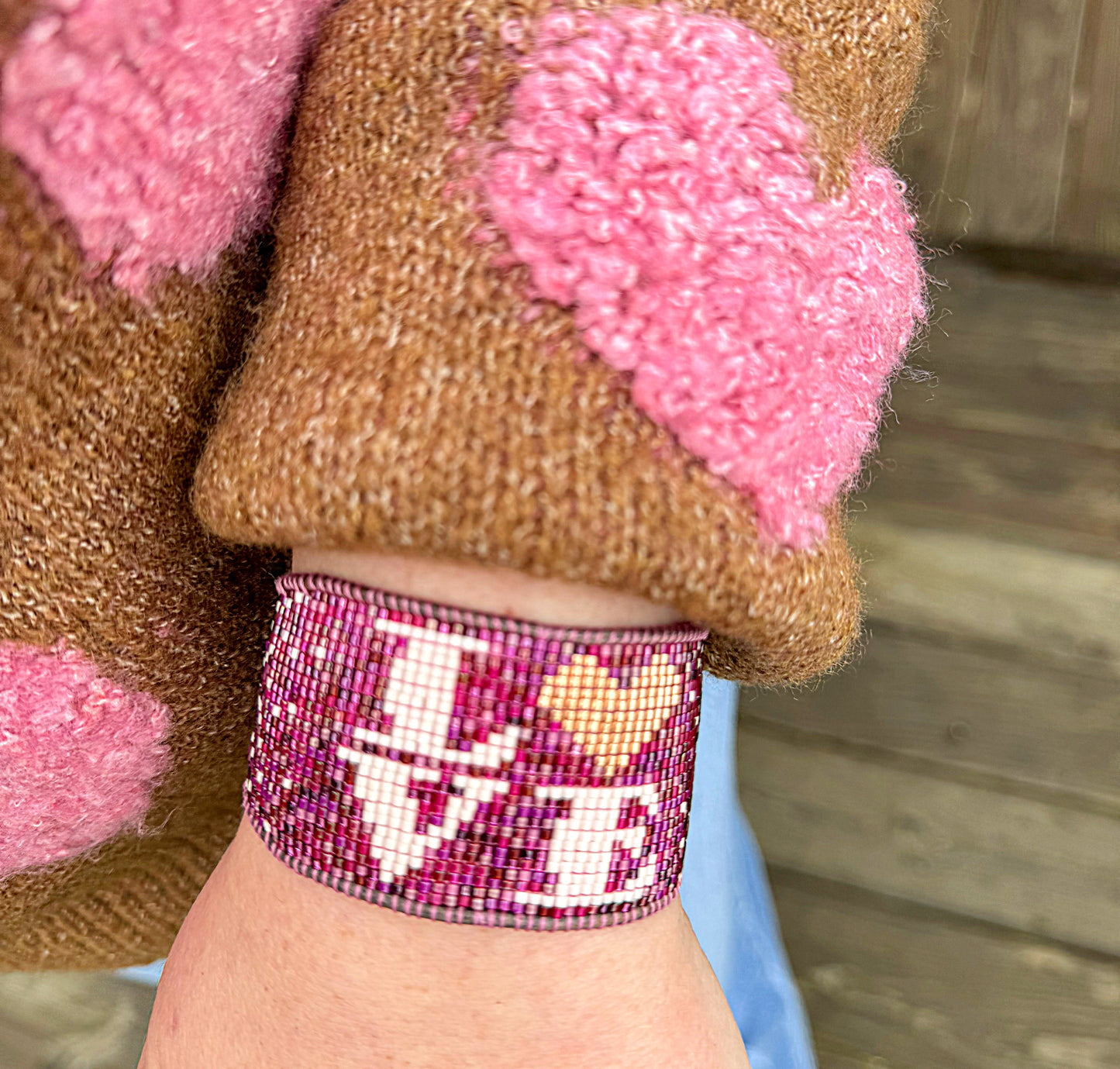 LOVE Valentines Day Pink and Plum Bead Loom Woven Leather trimmed Bracelet