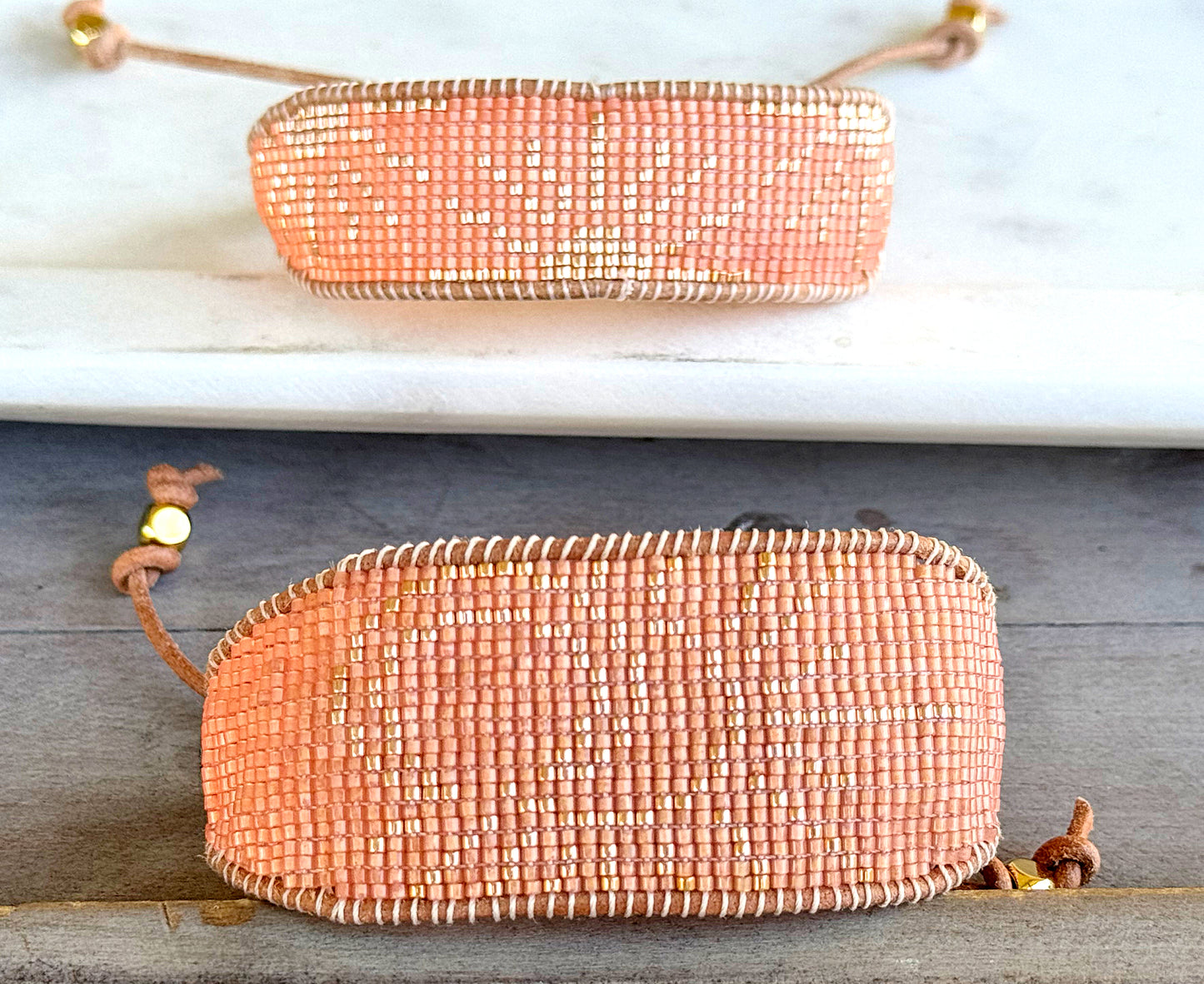 Sun and Moon peach and gold bead loom woven bracelet with slide adjustment