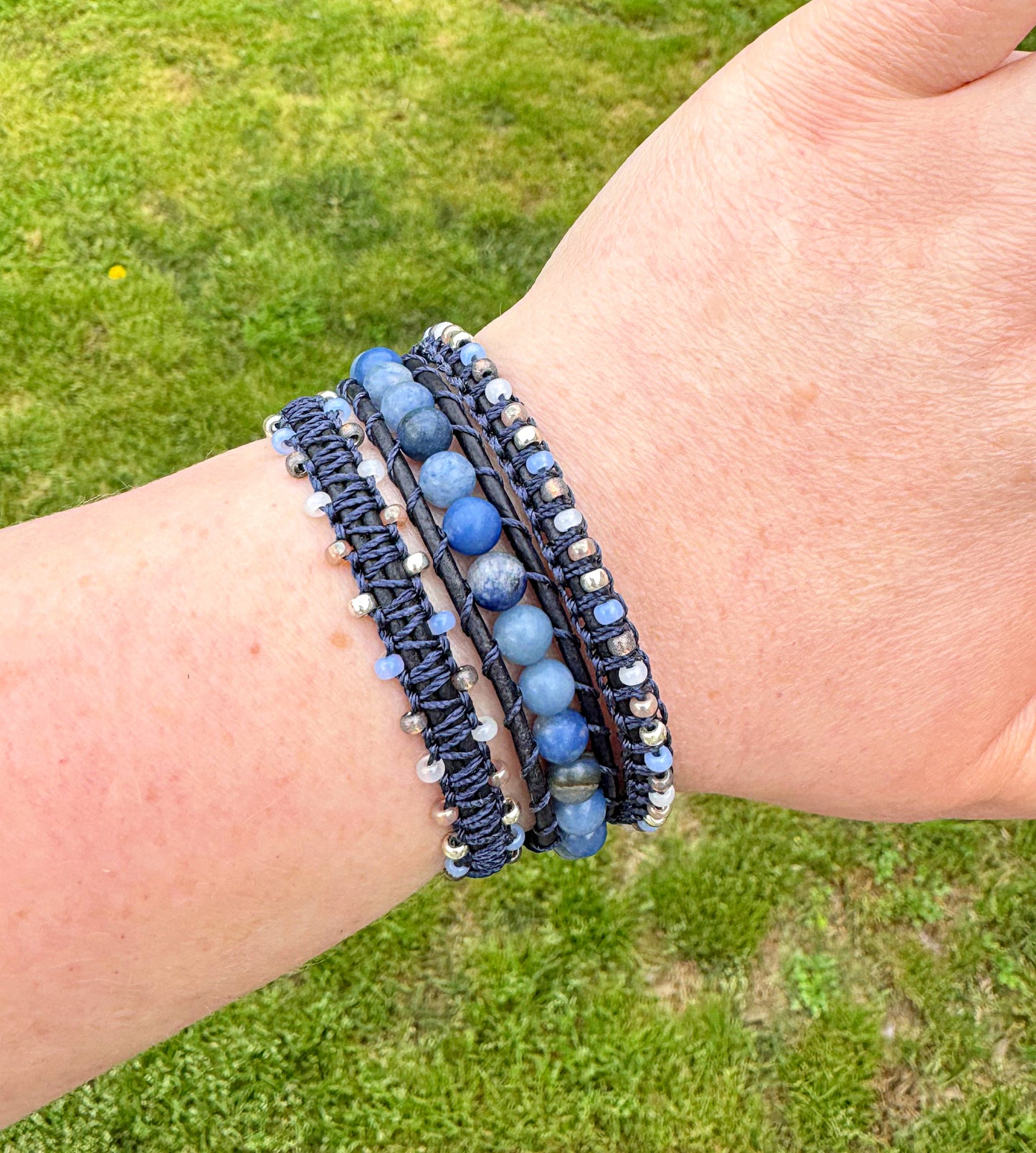 Blue Adventurine, White, Tan, Gray, and Silver Beaded Macrame Wrap bracelet