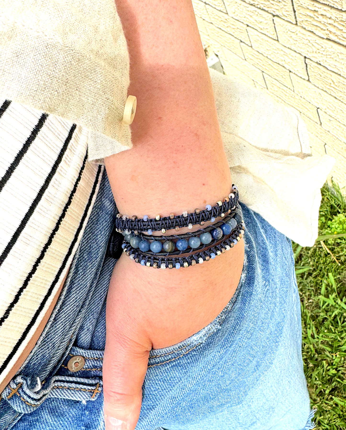 Blue Adventurine, White, Tan, Gray, and Silver Beaded Macrame Wrap bracelet