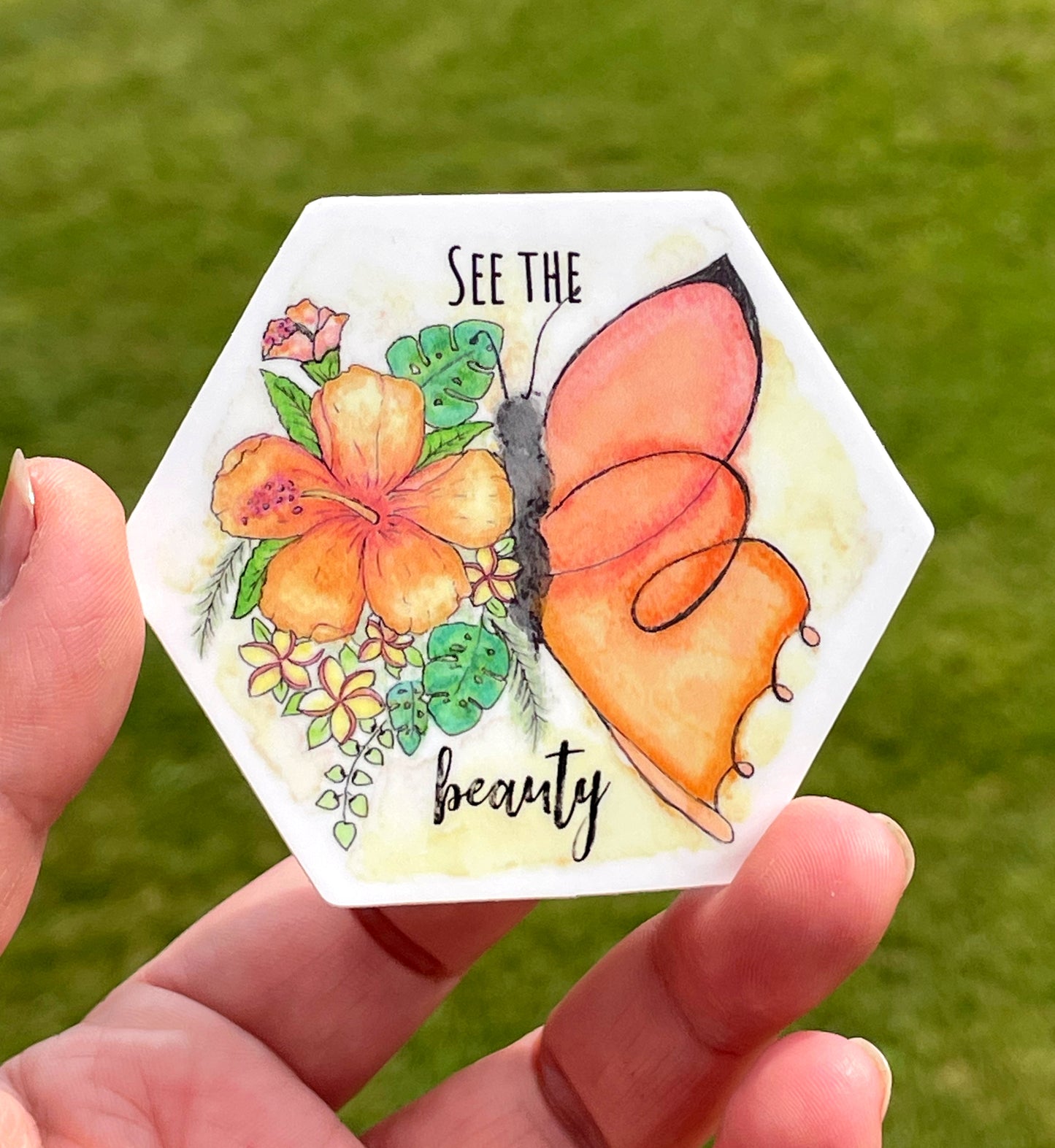 See the Beauty watercolor Hexagon Sticker