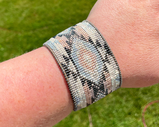 Neutral Gray, Tan, and Silver Bead Loom Woven Wide Cuff Bracelet