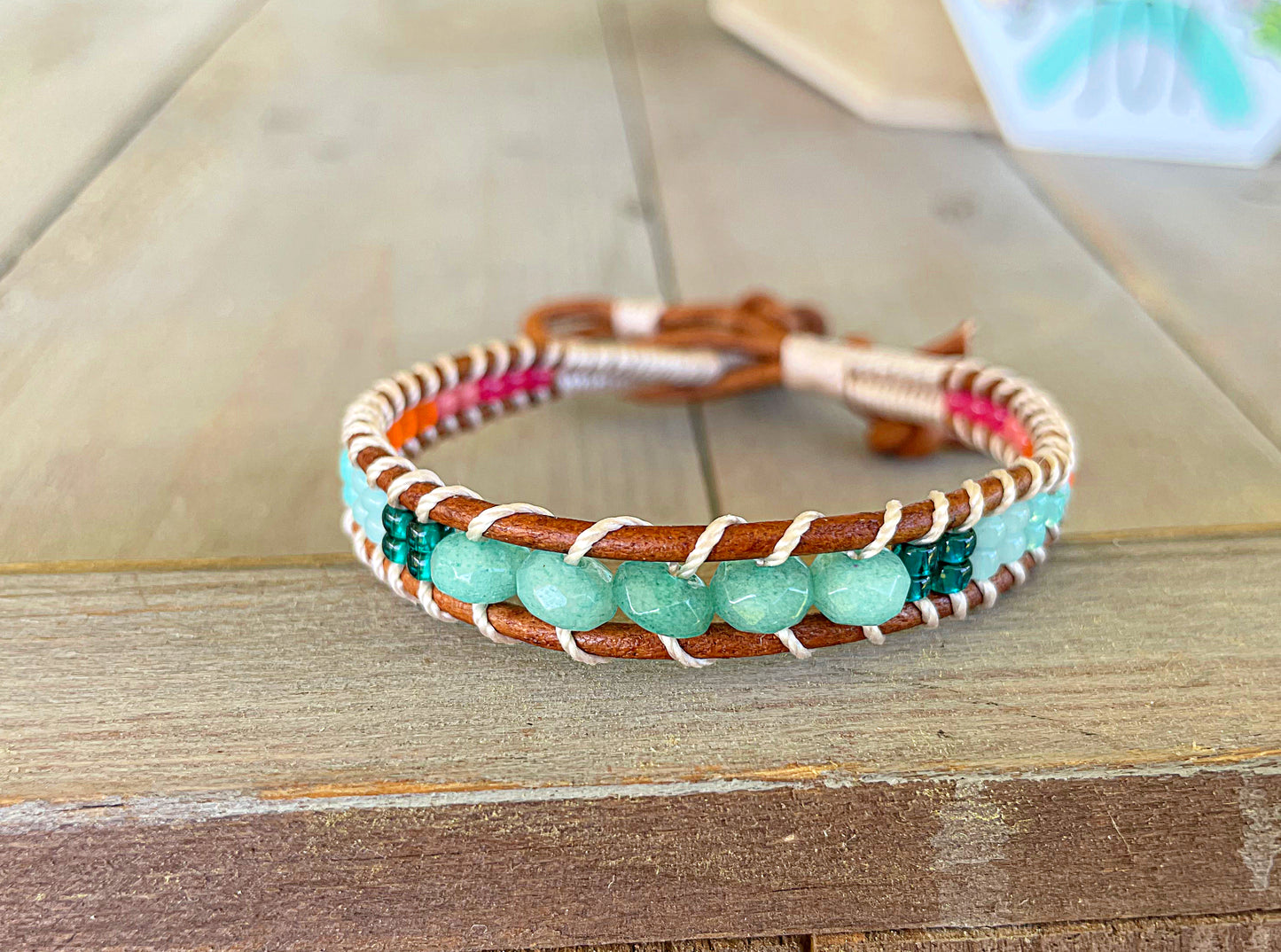 Bright Rainbow Leather Beaded Macrame Bracelet Set