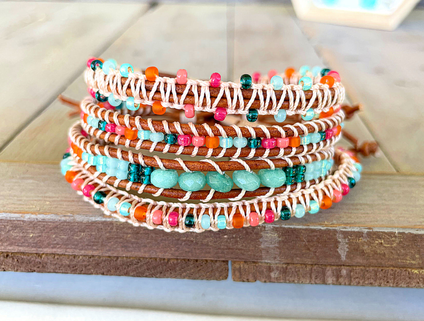 Bright Rainbow Leather Beaded Macrame Bracelet Set