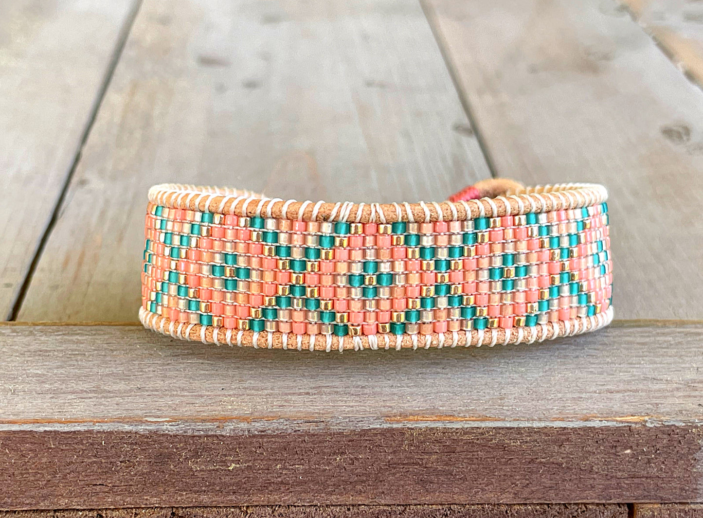 Pink Peach and Teal Loom woven geometric Diamond Chevron beaded friendship bracelet