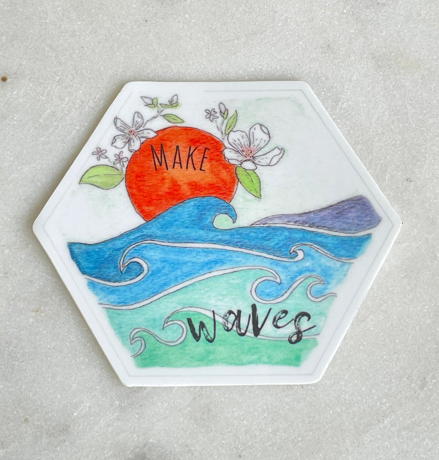 Make Waves watercolor Hexagon Sticker