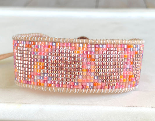 Neon Pink Moon Phases Beaded Loom Bracelet