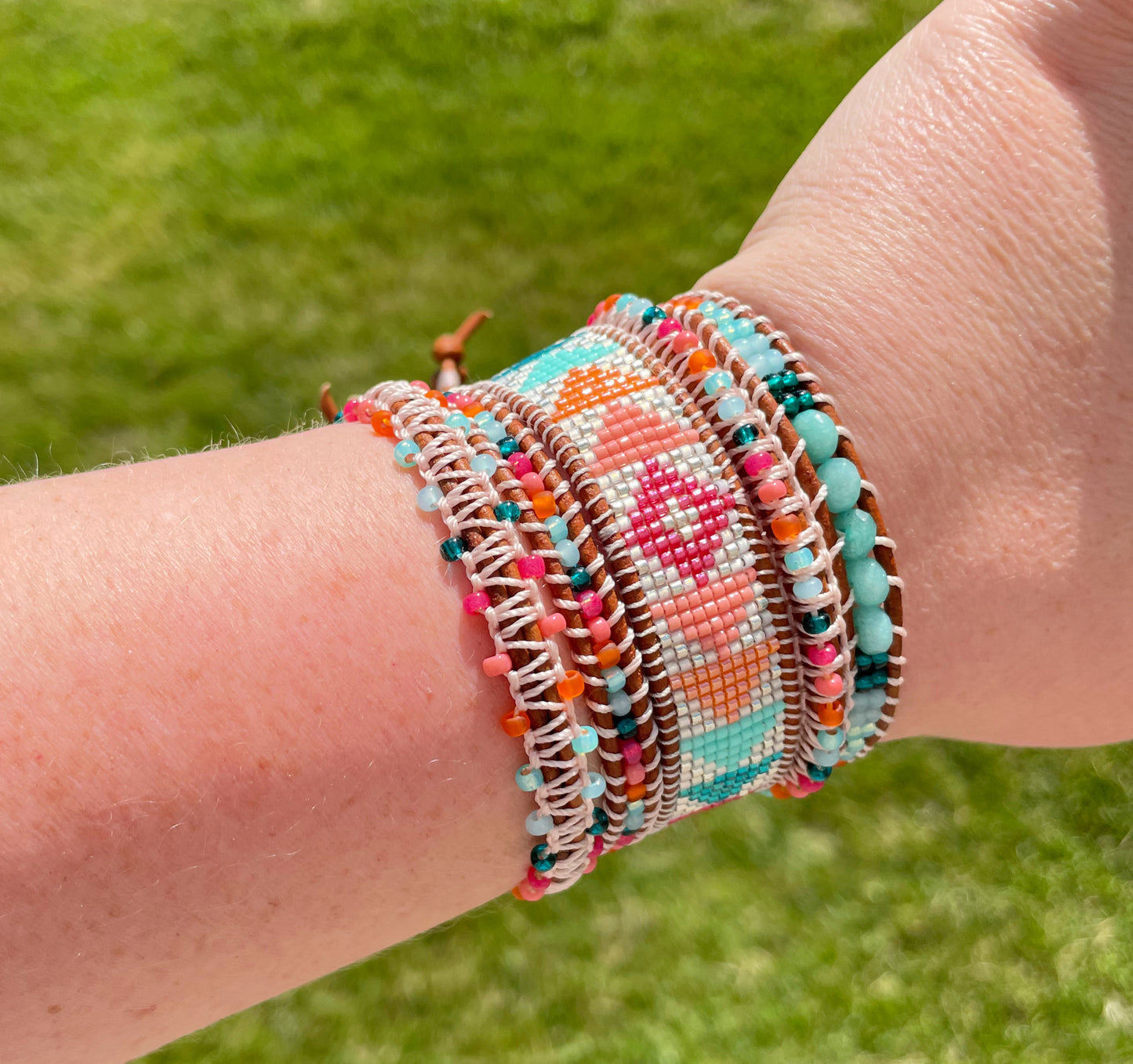 Bright Rainbow Leather Beaded Macrame Bracelet Set