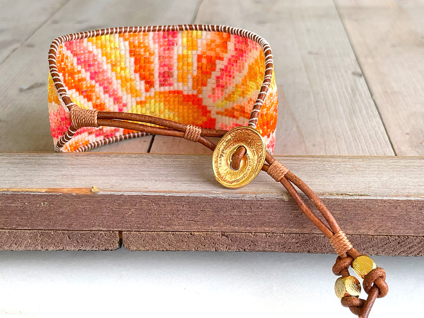 Sunshine Bead Loom Woven Cuff Bracelet with leather trim