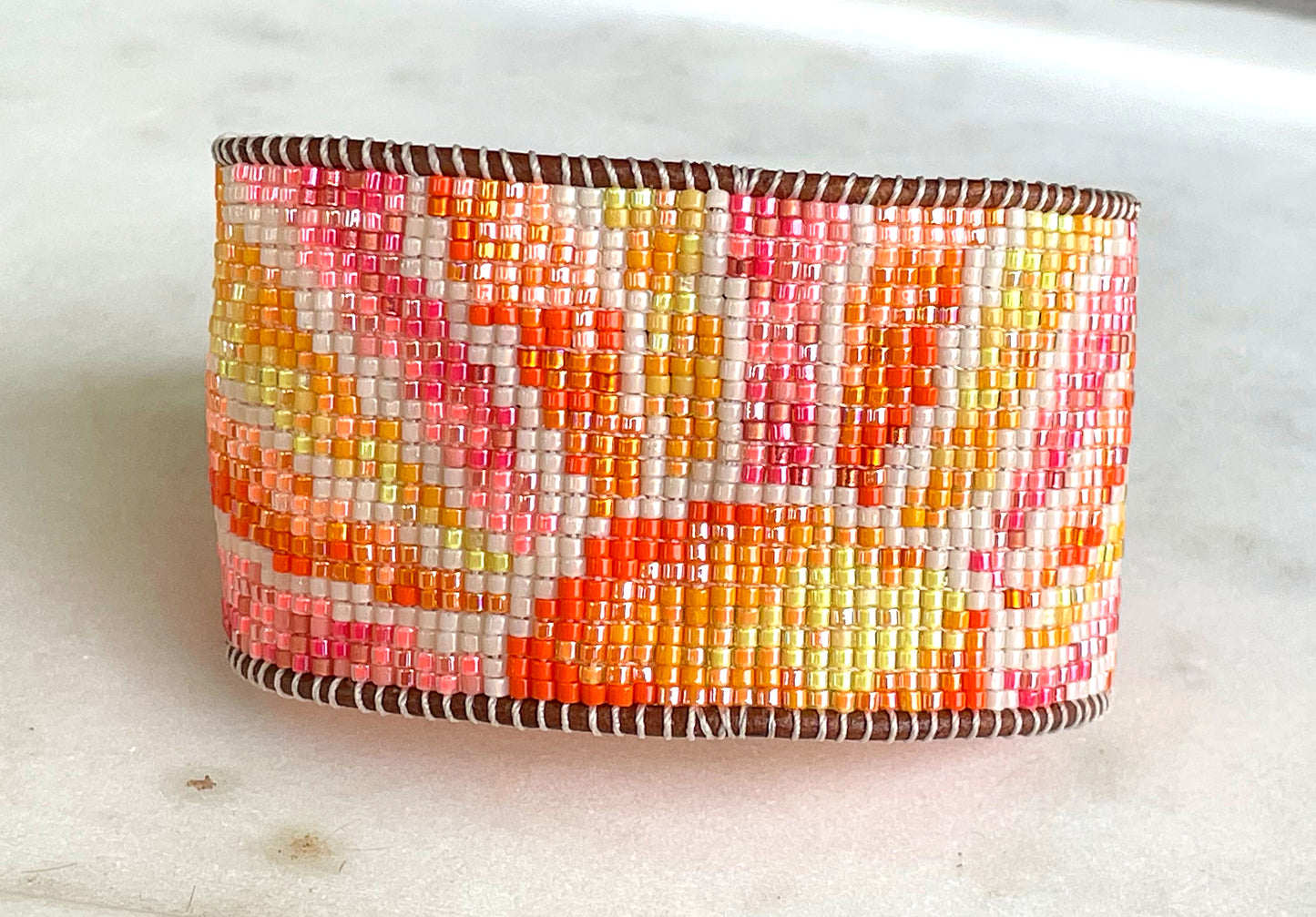 Sunshine Bead Loom Woven Cuff Bracelet with leather trim