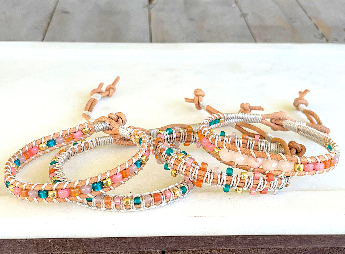 Pink Peach Tan and Teal Leather Beaded Macrame Bracelet Set