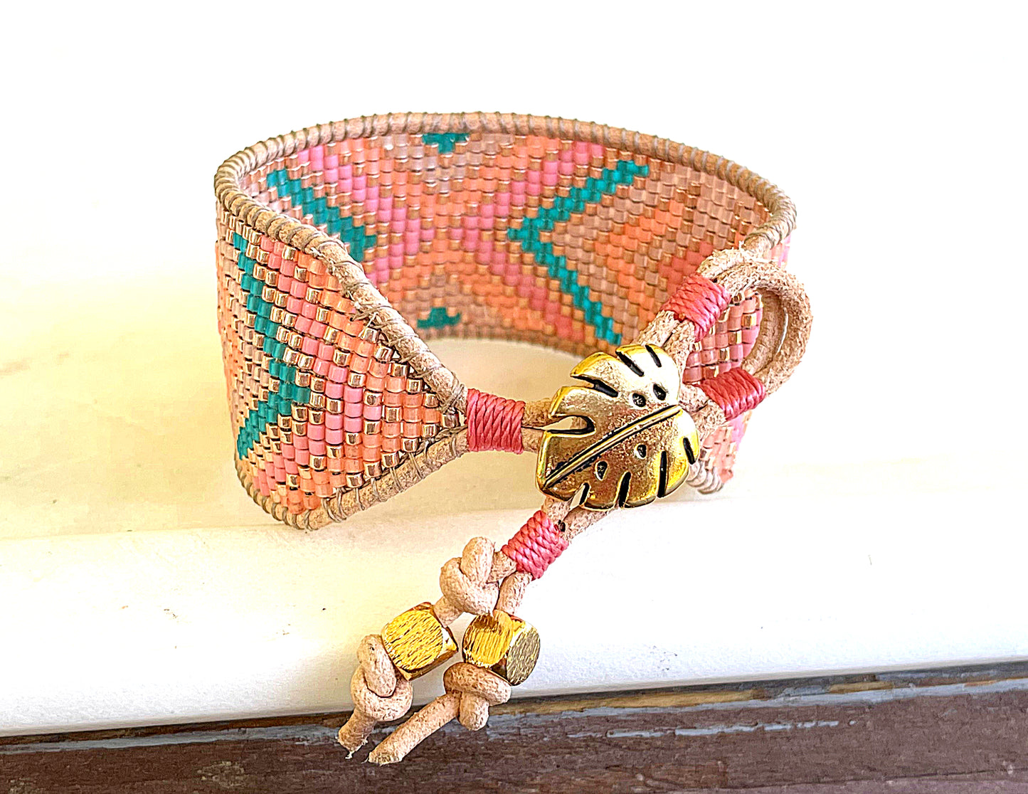 Gold, Tan, Teal, Peach, and Pink Geometric Bead Loom Woven Bracelet