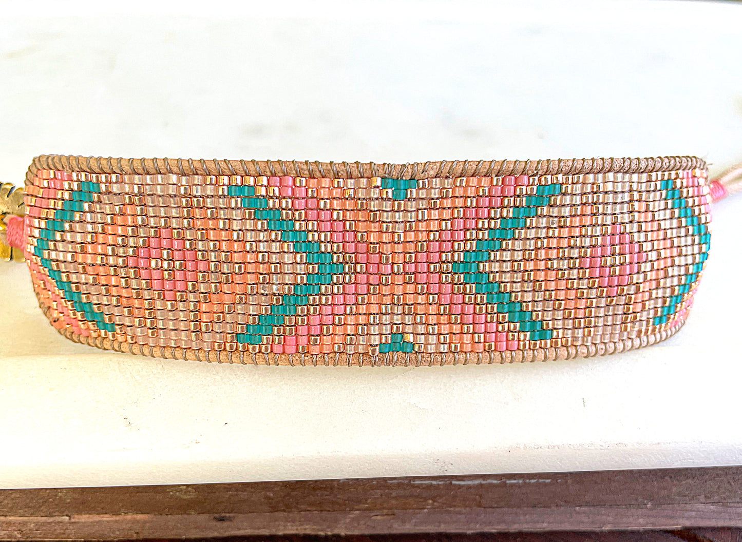 Gold, Tan, Teal, Peach, and Pink Geometric Bead Loom Woven Bracelet
