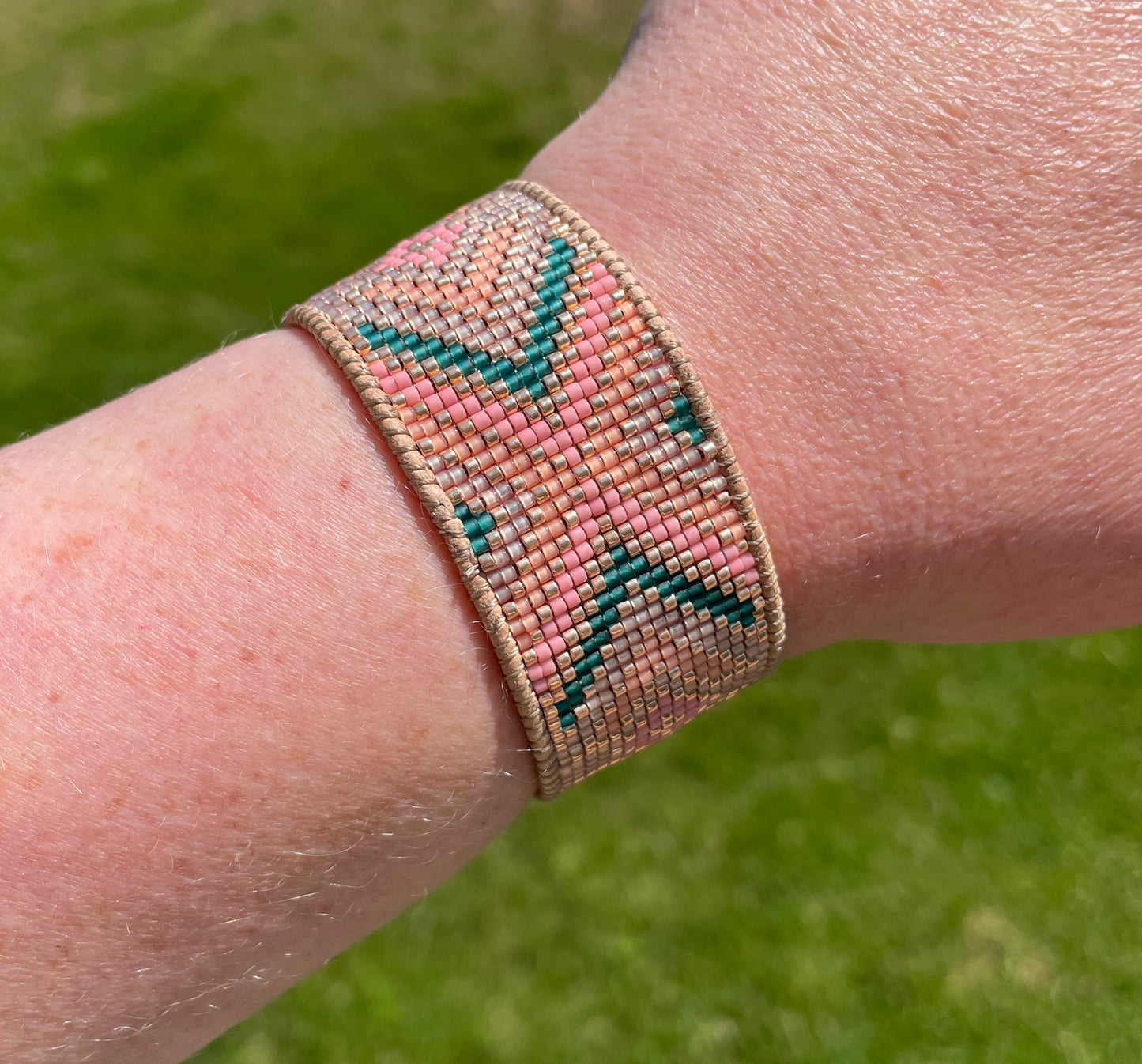 Gold, Tan, Teal, Peach, and Pink Geometric Bead Loom Woven Bracelet