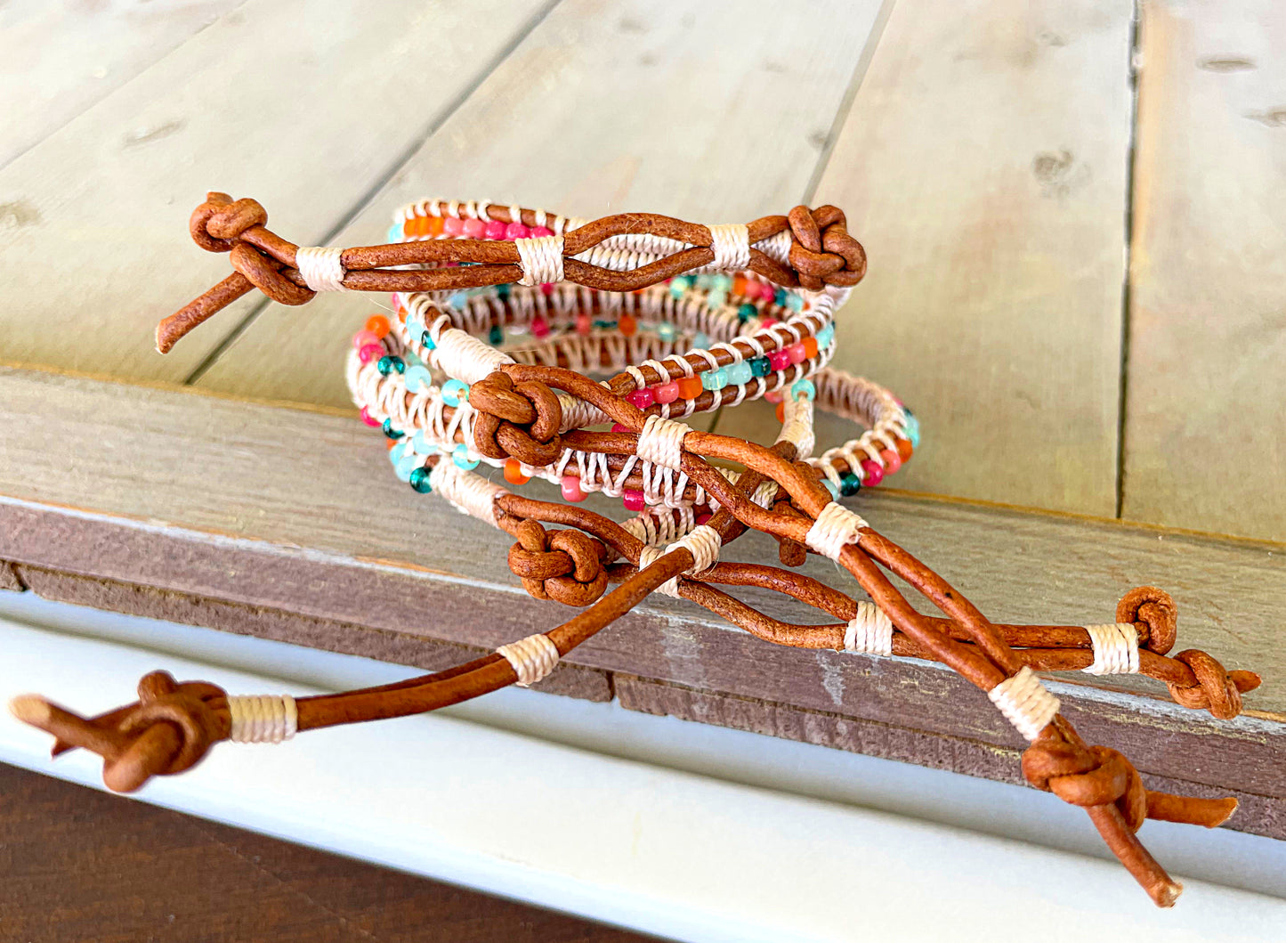 Bright Rainbow Leather Beaded Macrame Bracelet Set