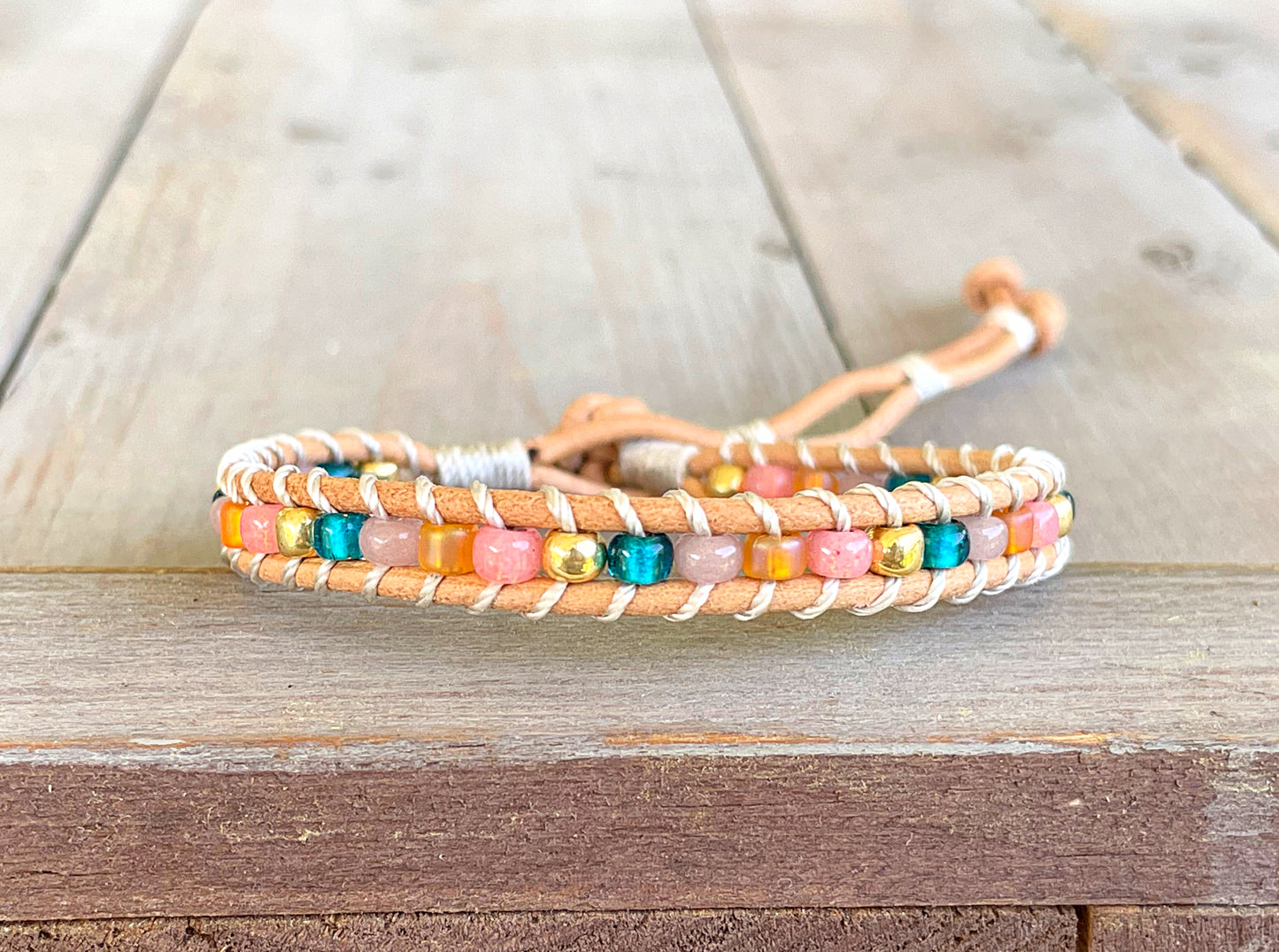 Pink Peach Tan and Teal Leather Beaded Macrame Bracelet Set