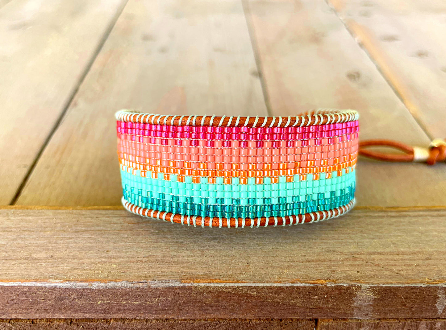 Bright Rainbow Ombre Bead Loom Woven Bracelet