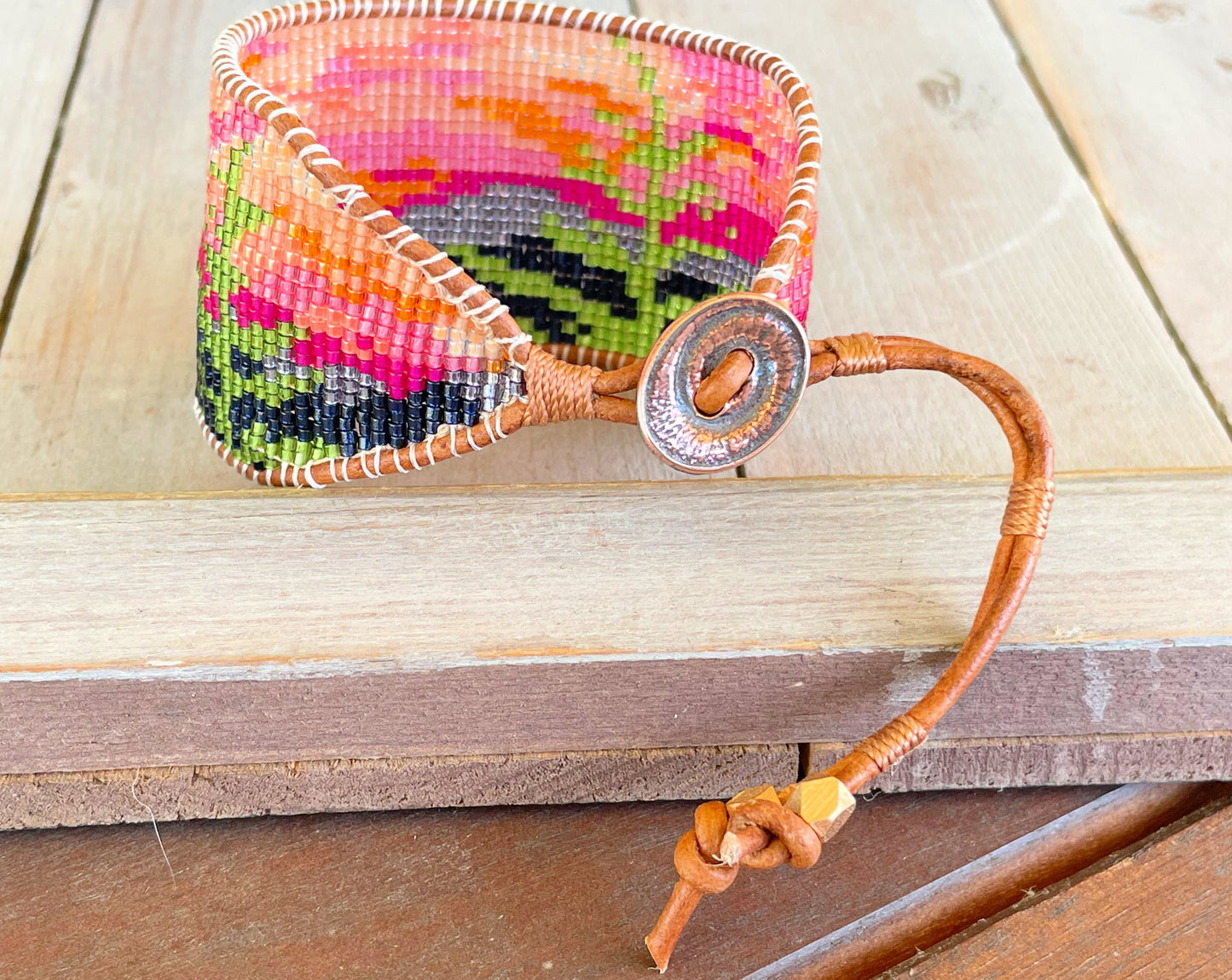 Wide Mountain Sunset Bead Loom Woven Cuff Bracelet with Leather Trim