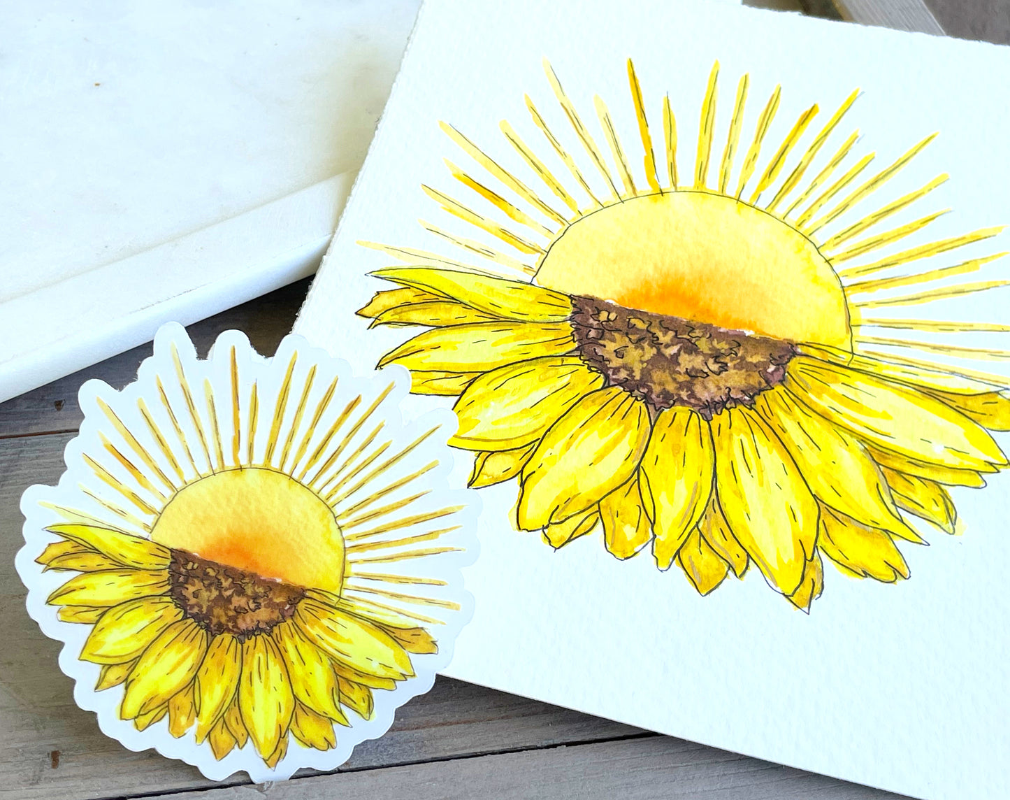 Sun and Sunflower watercolor clear vinyl waterproof sticker
