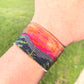 Wide Mountain Sunset Bead Loom Woven Cuff Bracelet with Leather Trim