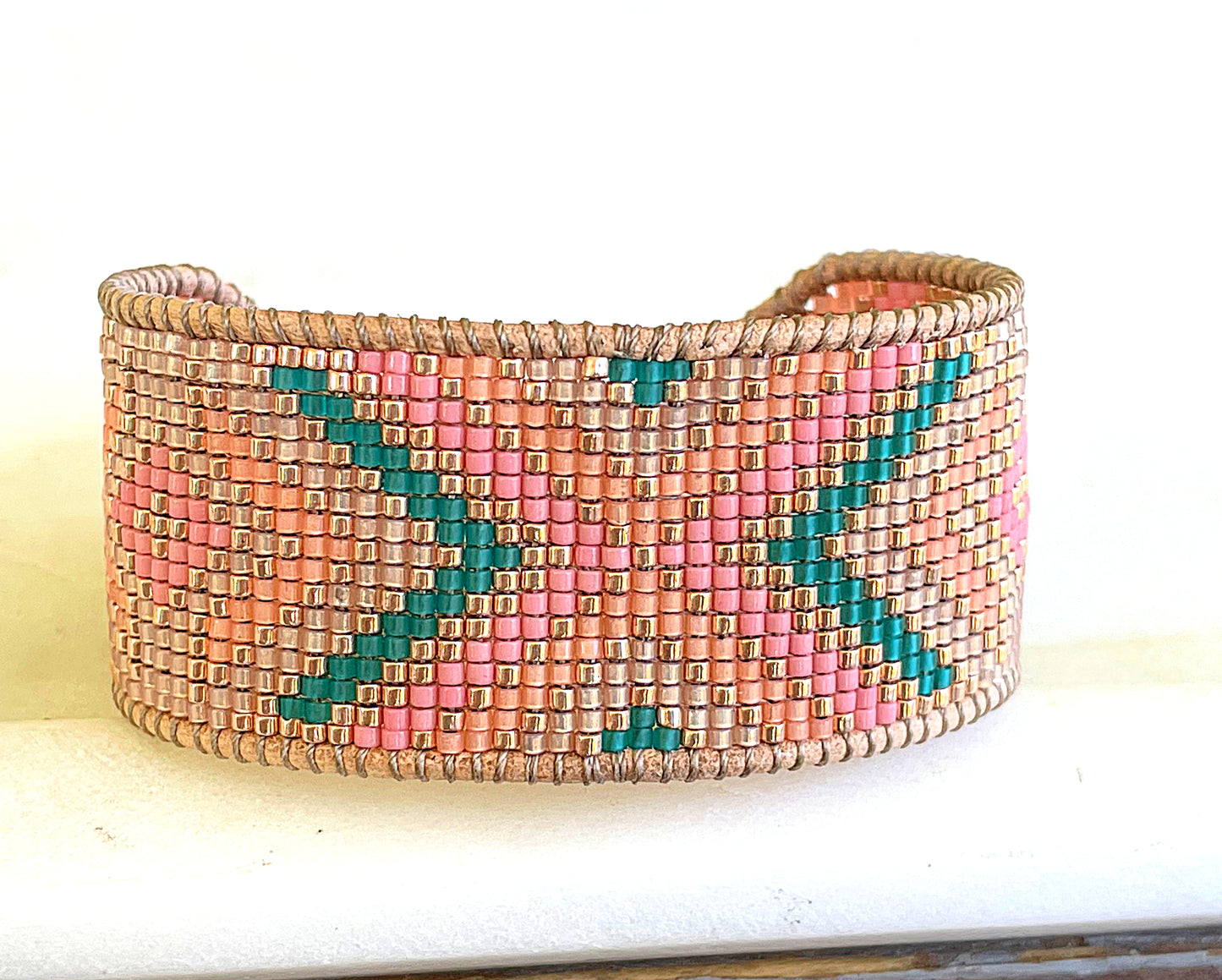 Gold, Tan, Teal, Peach, and Pink Geometric Bead Loom Woven Bracelet