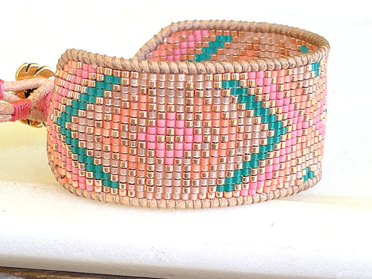 Gold, Tan, Teal, Peach, and Pink Geometric Bead Loom Woven Bracelet