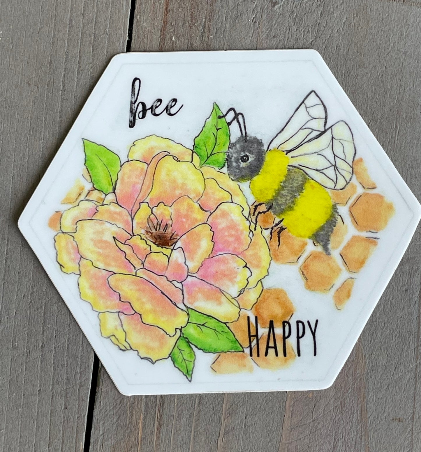 Bee Happy watercolor Hexagon Sticker