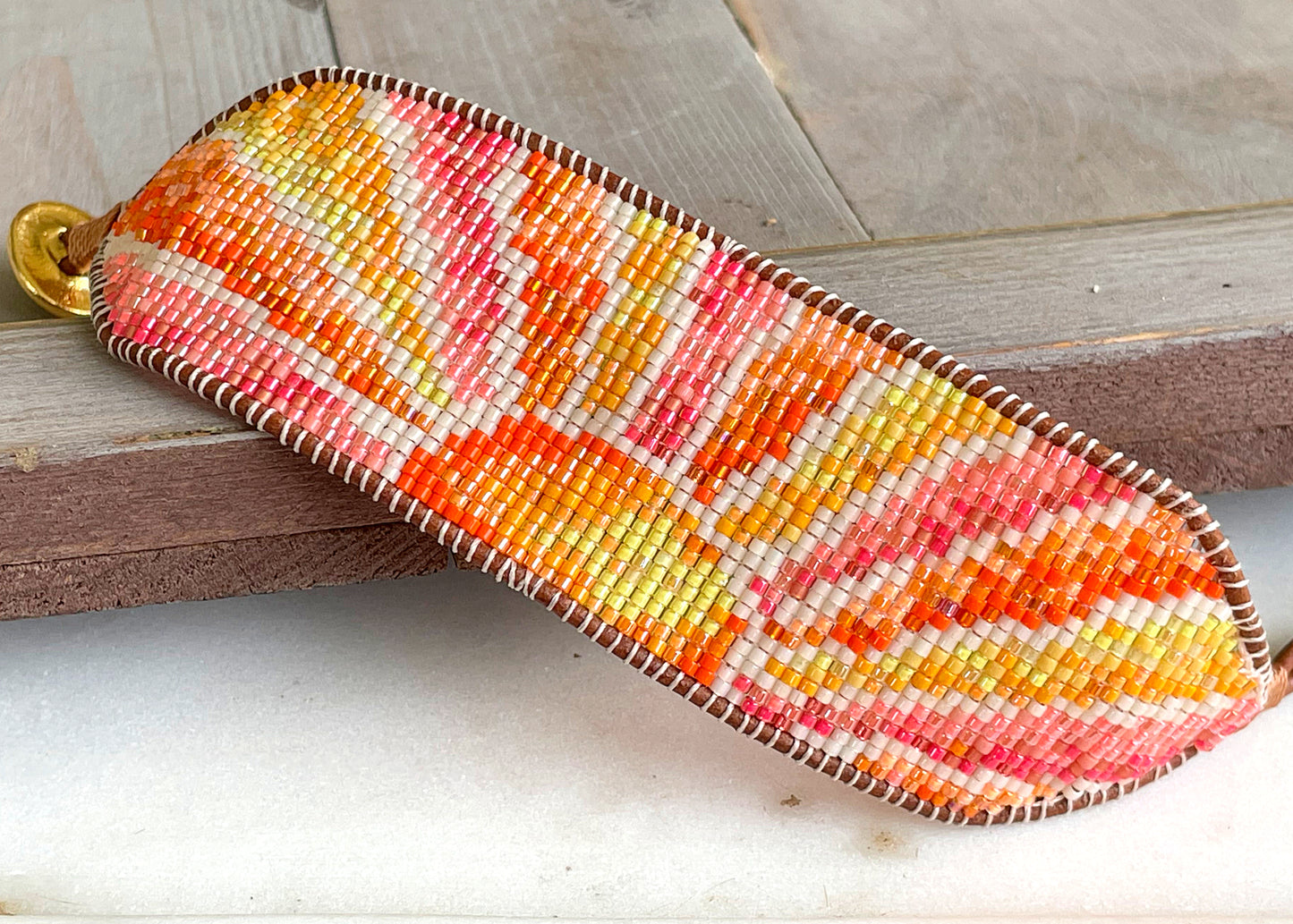 Sunshine Bead Loom Woven Cuff Bracelet with leather trim