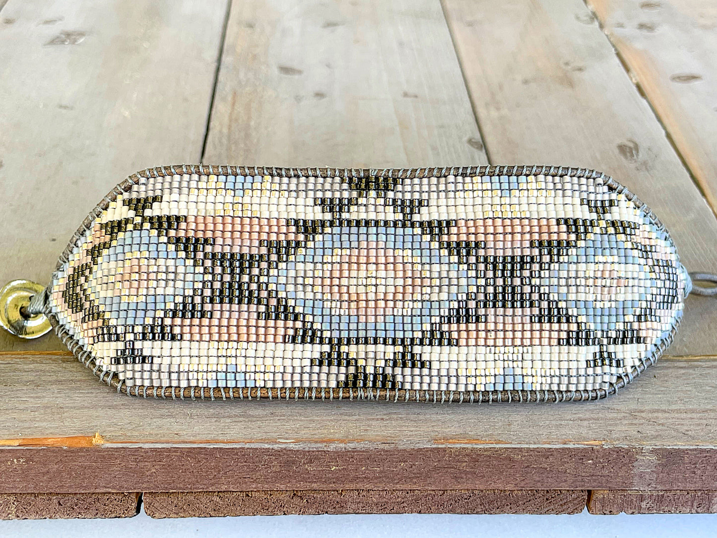 Neutral Gray, Tan, and Silver Bead Loom Woven Wide Cuff Bracelet