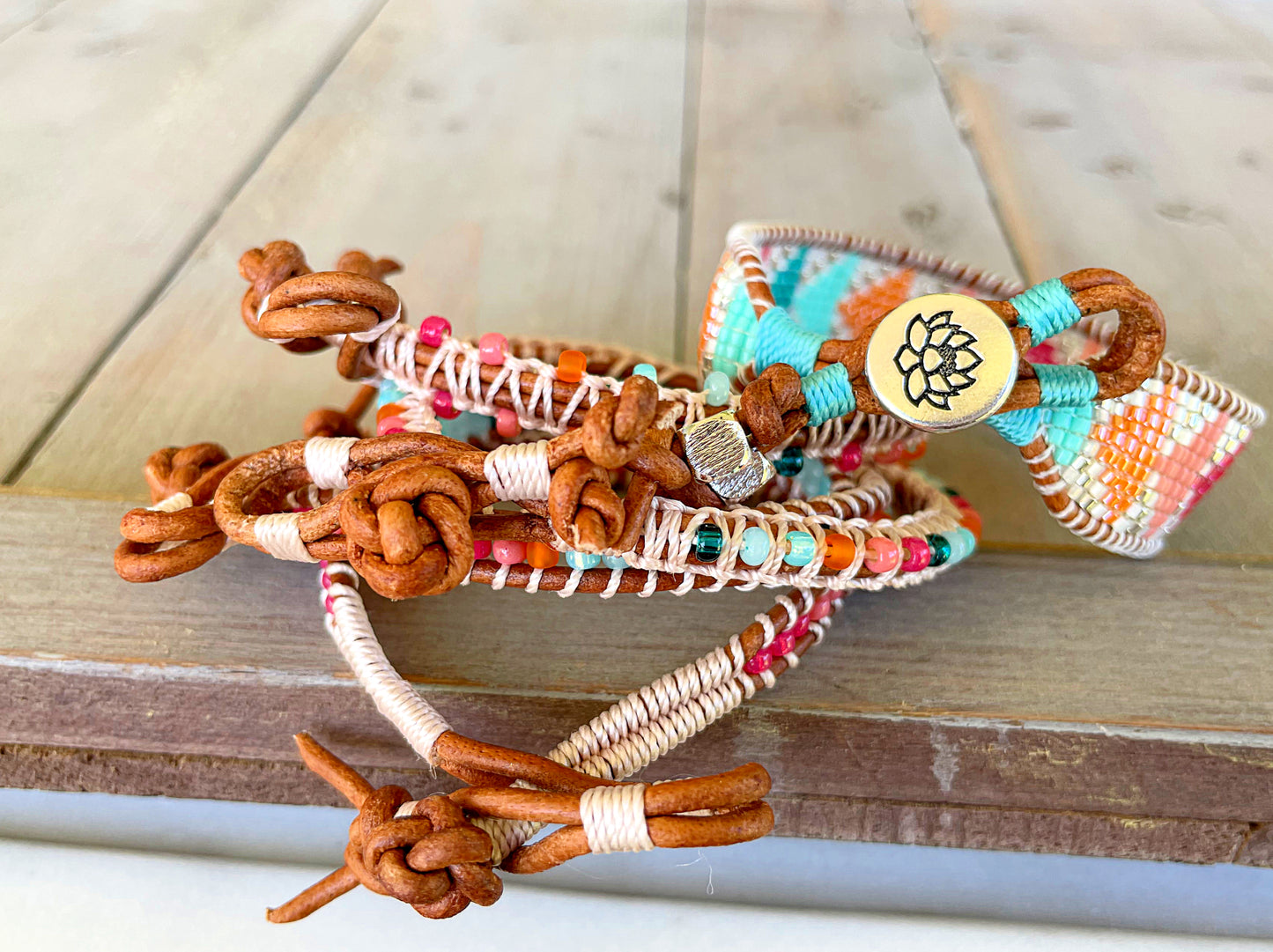 Bright Rainbow Leather Beaded Macrame Bracelet Set