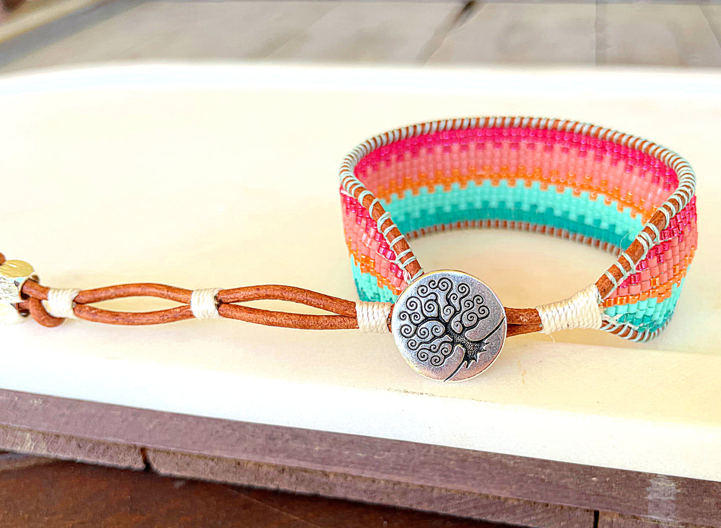 Bright Rainbow Ombre Bead Loom Woven Bracelet