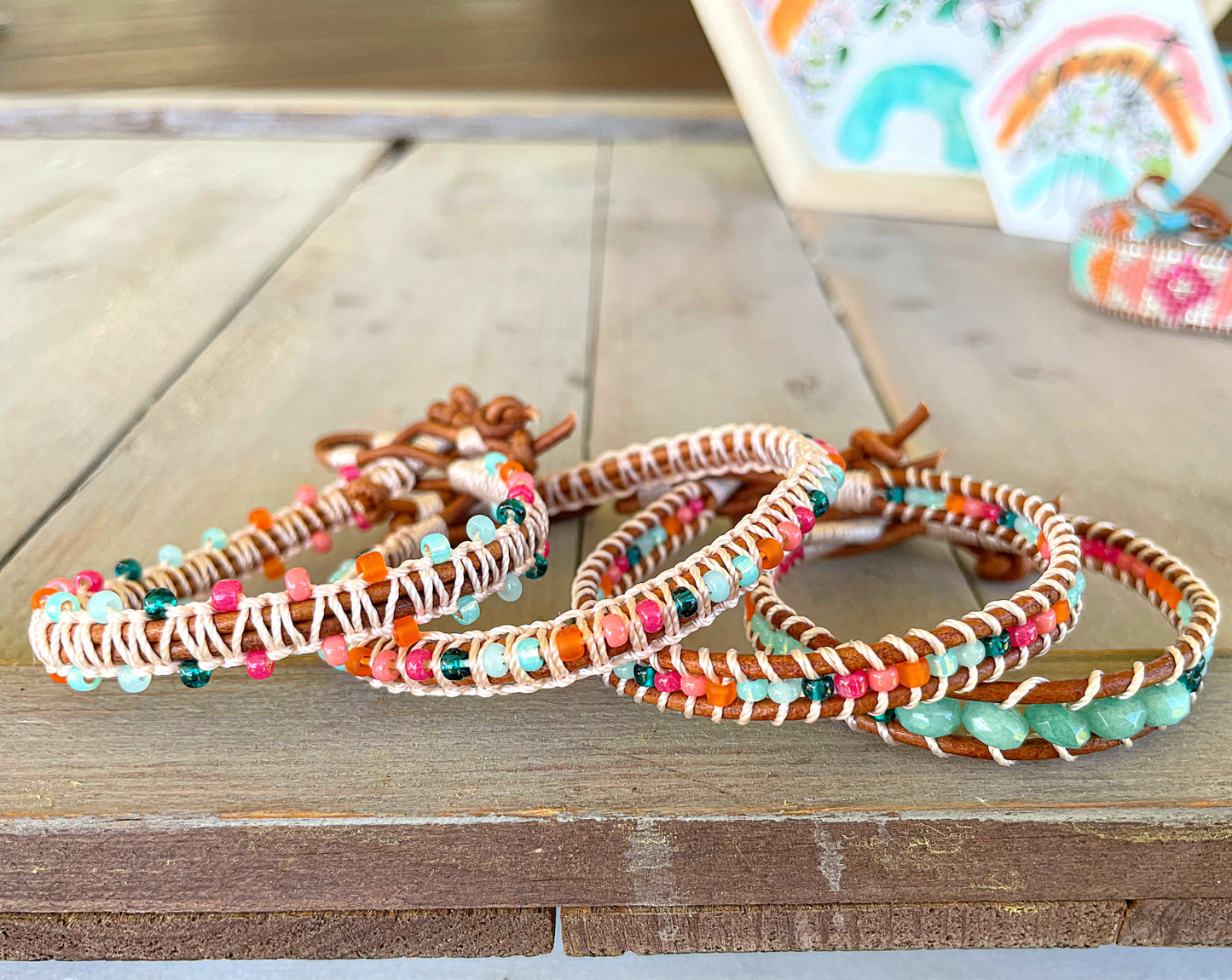 Bright Rainbow Leather Beaded Macrame Bracelet Set